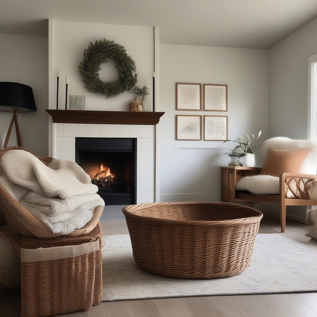 Wood Basket with Handle in Living Room