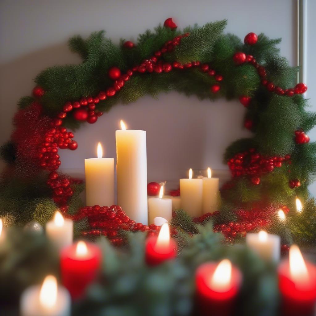 Red wood bead garland draped over a Christmas mantelpiece with greenery and candles.