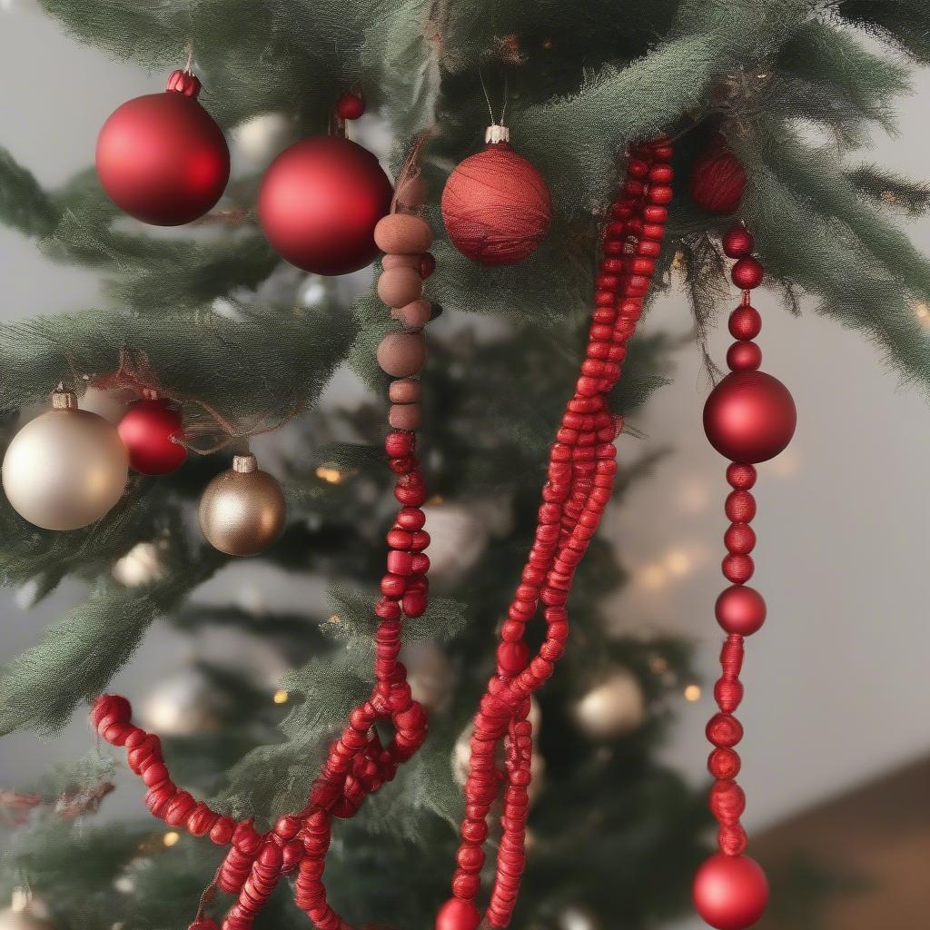 Red wood bead garland wrapped around a Christmas tree with ornaments.