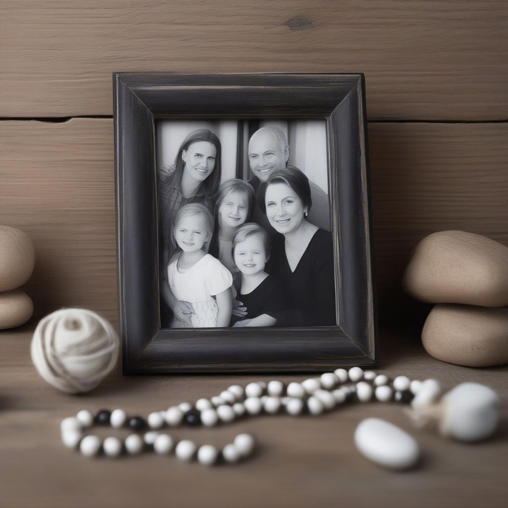 Rustic Wood Bead Picture Frame Displaying Family Photo on Wooden Table