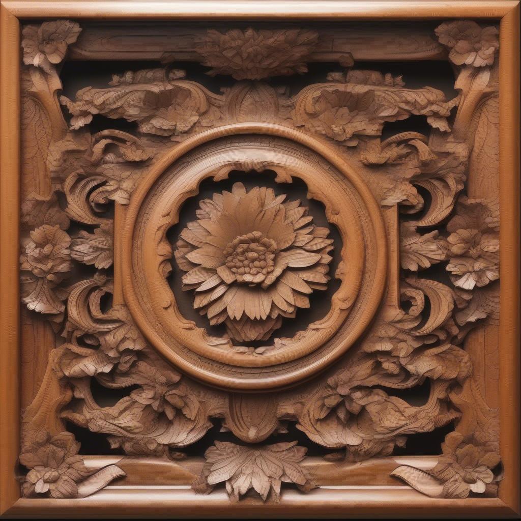 Intricate floral design carved into a wooden picture frame