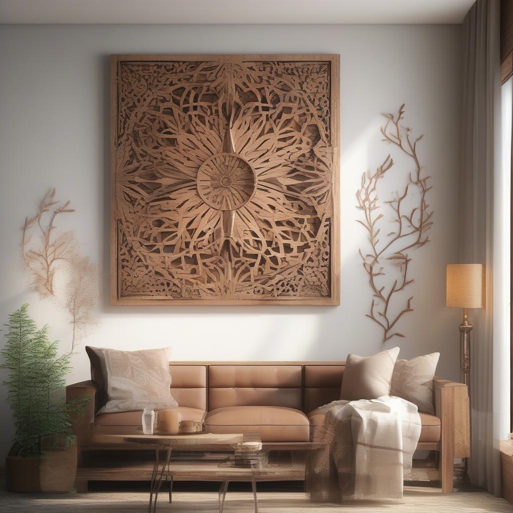 Wood cutout wall decor adds a touch of rustic charm to a living room, featuring intricate floral designs.