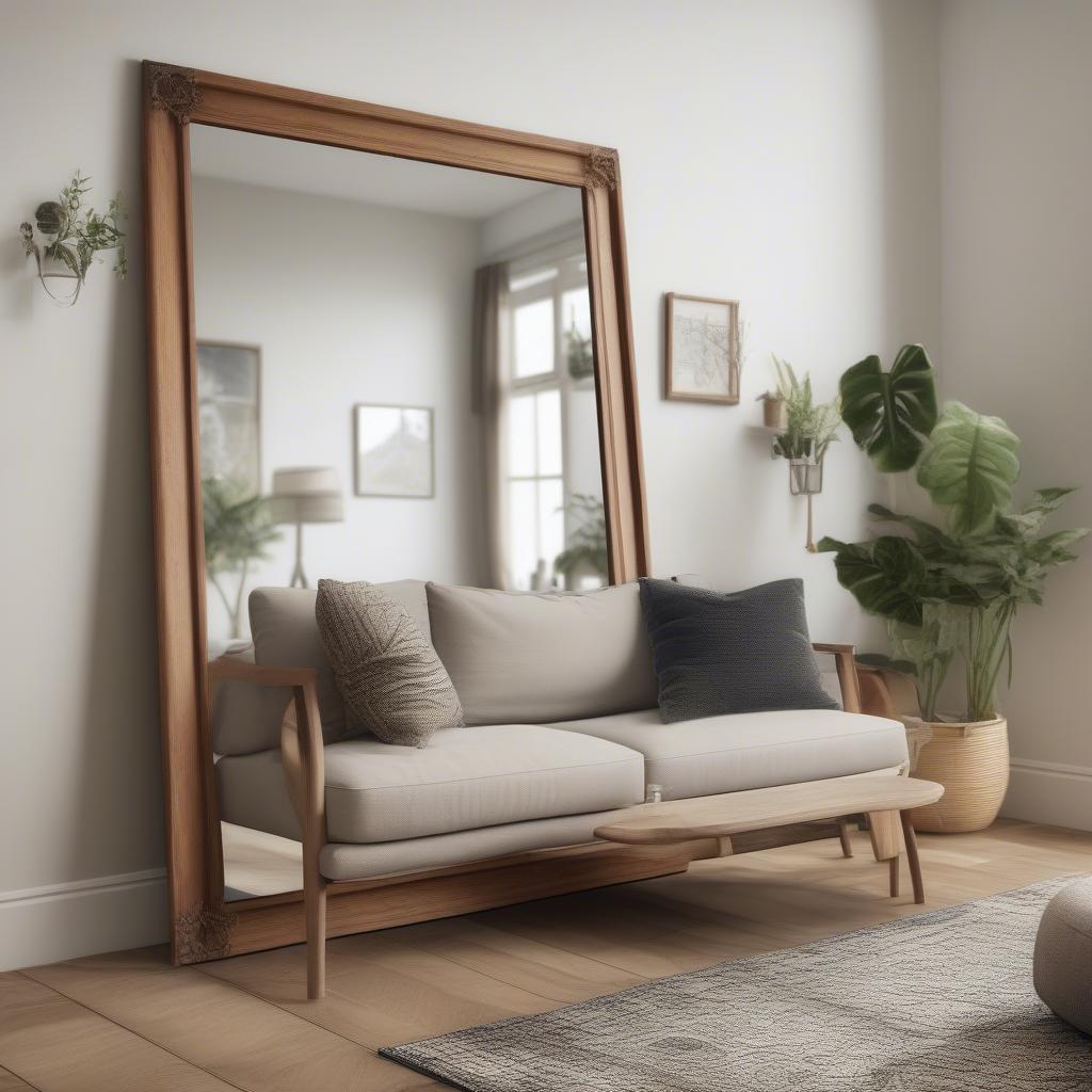 Wood framed floor mirror adds elegance to a living room setting