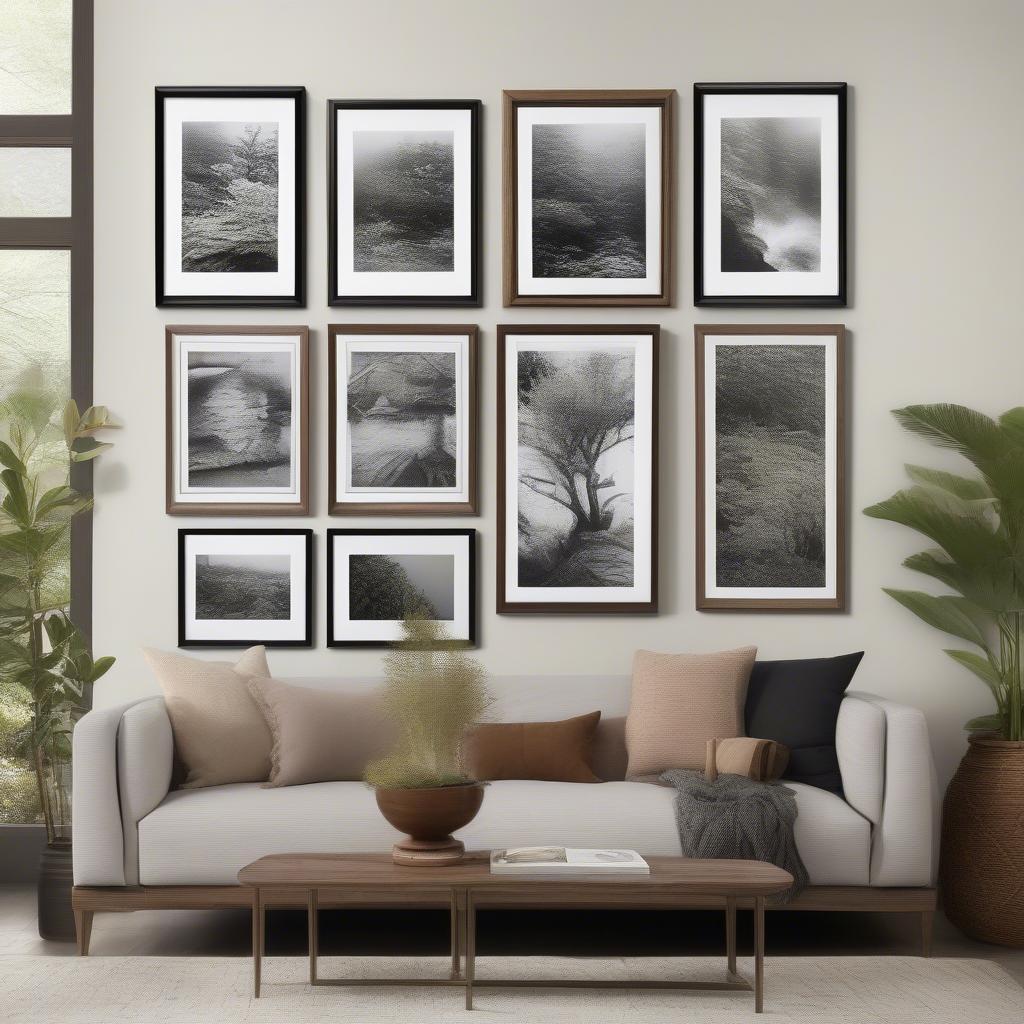 Wood framed gallery wall in a living room setting, showcasing a mix of artwork and photographs.