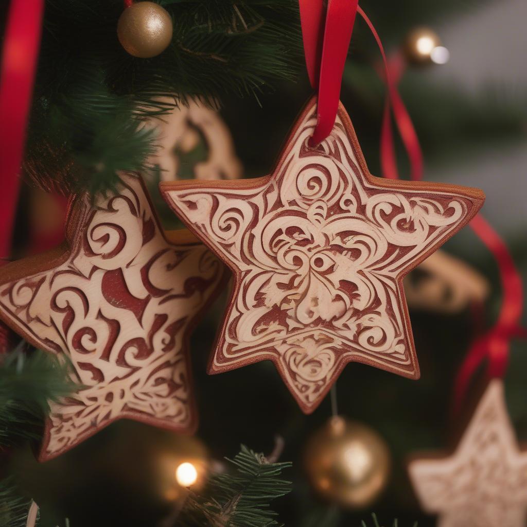 Wooden gingerbread cutouts hanging as Christmas ornaments