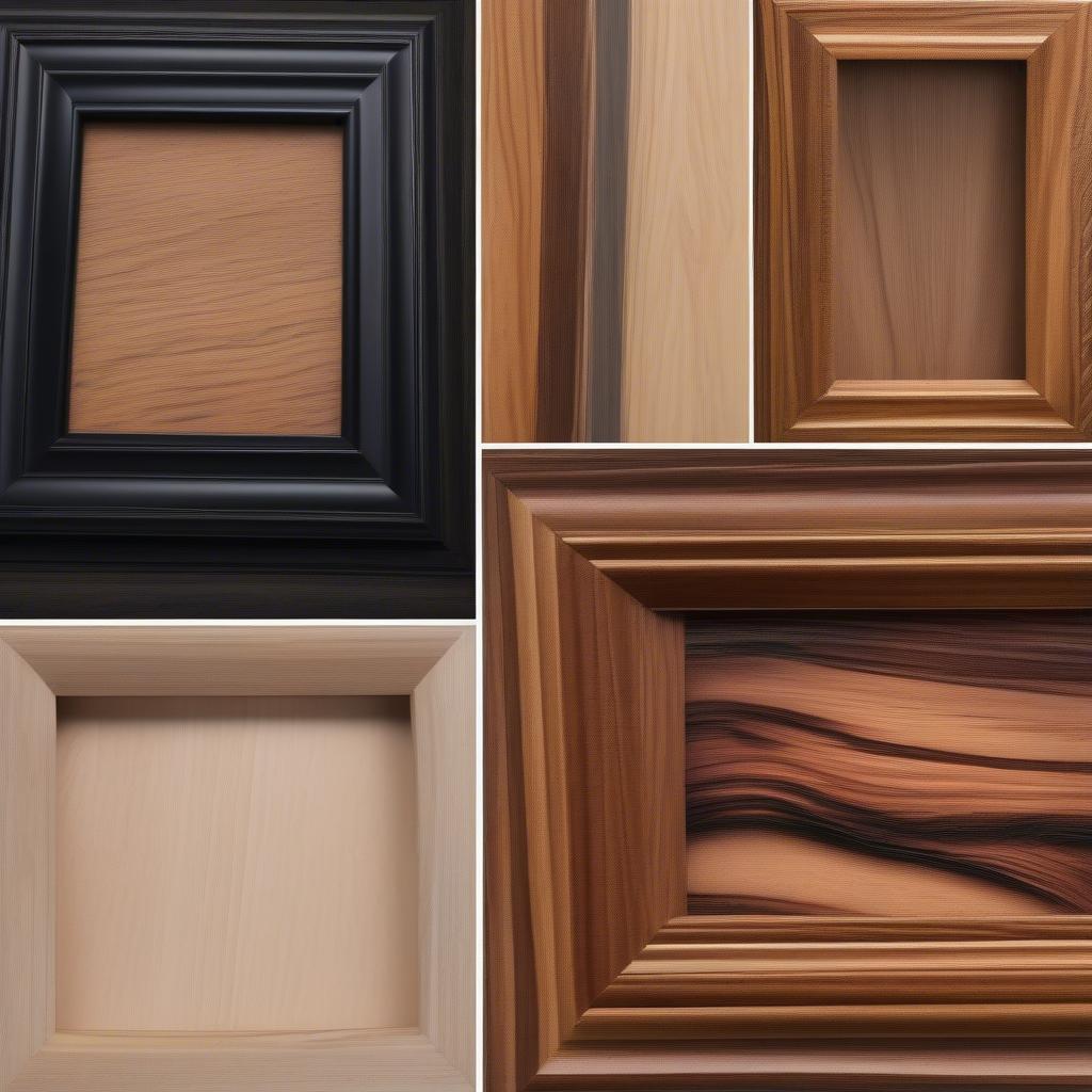 Different wood grains and finishes on picture frames showcased