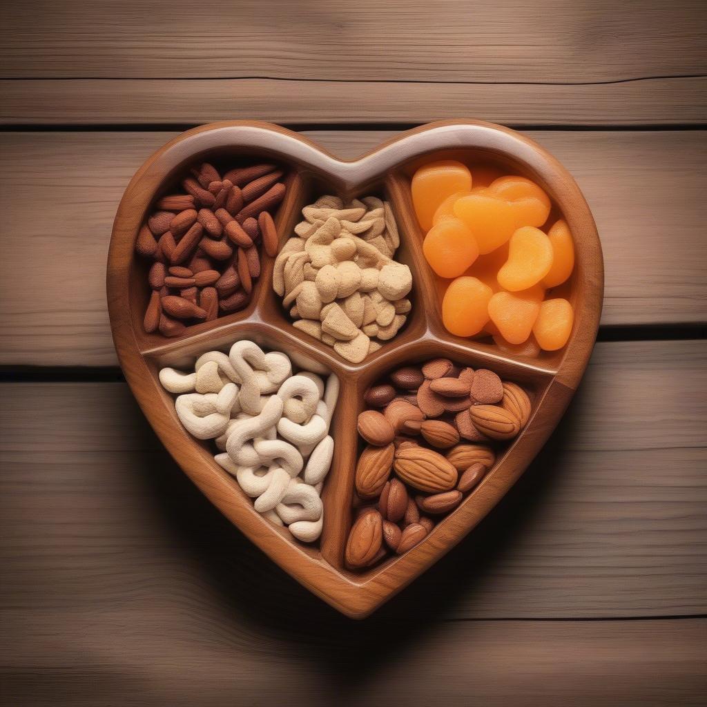 Wood heart shaped bowl filled with snacks