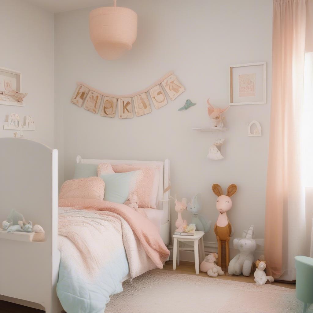 Personalized wood lettering decor adds a charming touch to a bedroom.