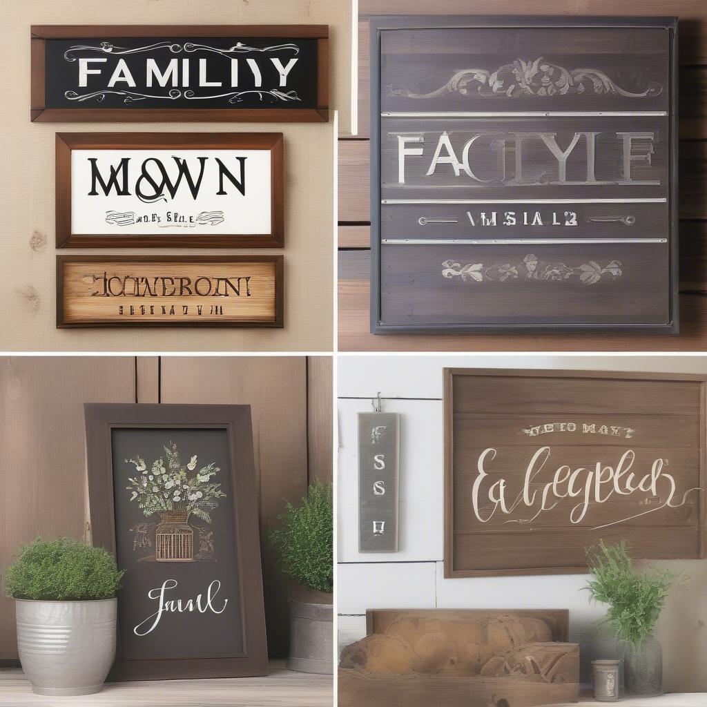 Wooden and metal decorative signs in various styles