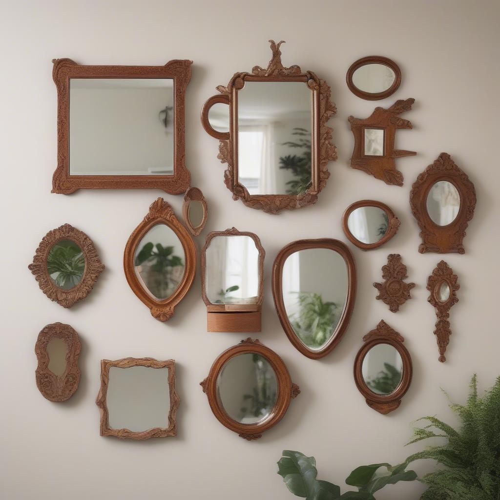 A gallery wall featuring various small wood mirrors, creating a visually appealing and eclectic display