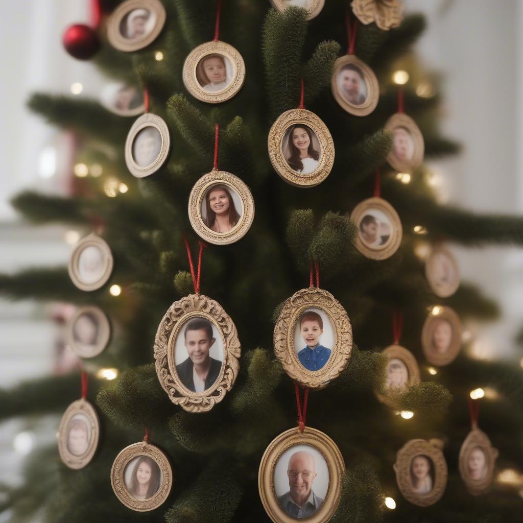 Christmas Tree Decorated with Wood Photo Frame Ornaments