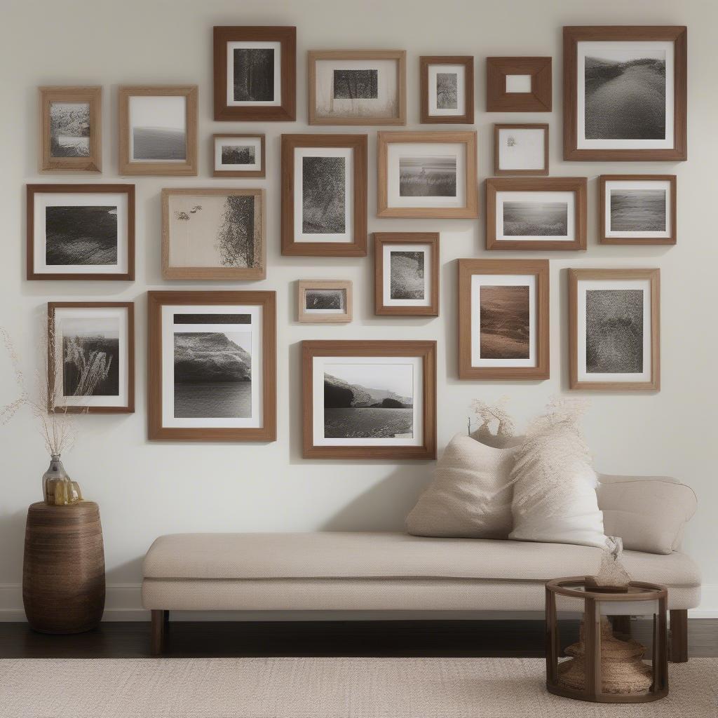 A gallery wall showcasing various wood photos in different frames and sizes