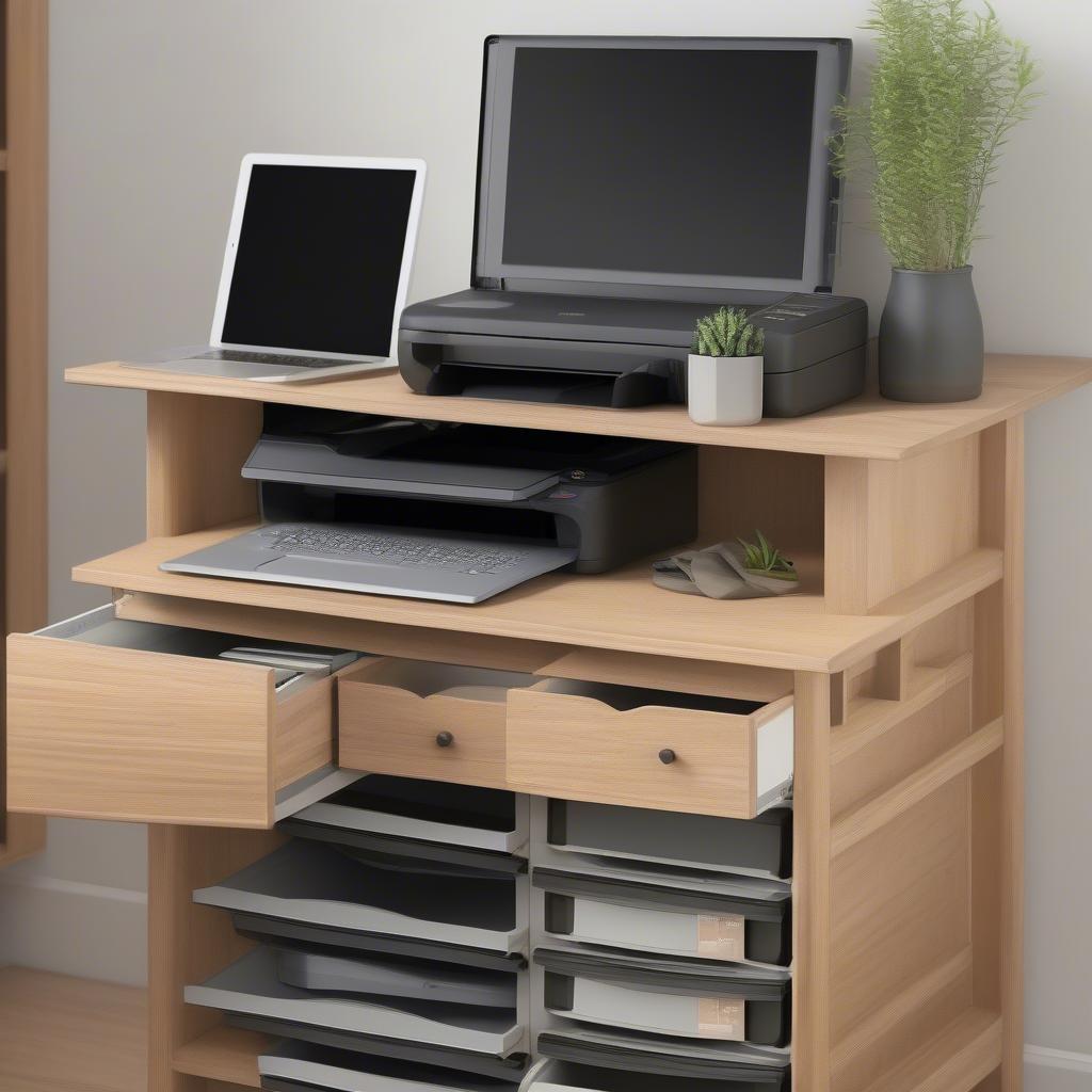 Wood printer table with storage drawers and shelves.