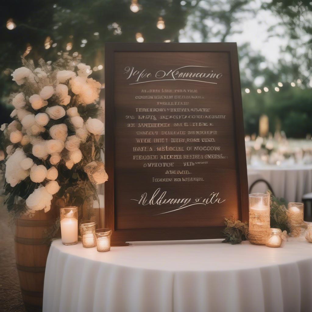 Wood quote sign at a wedding reception