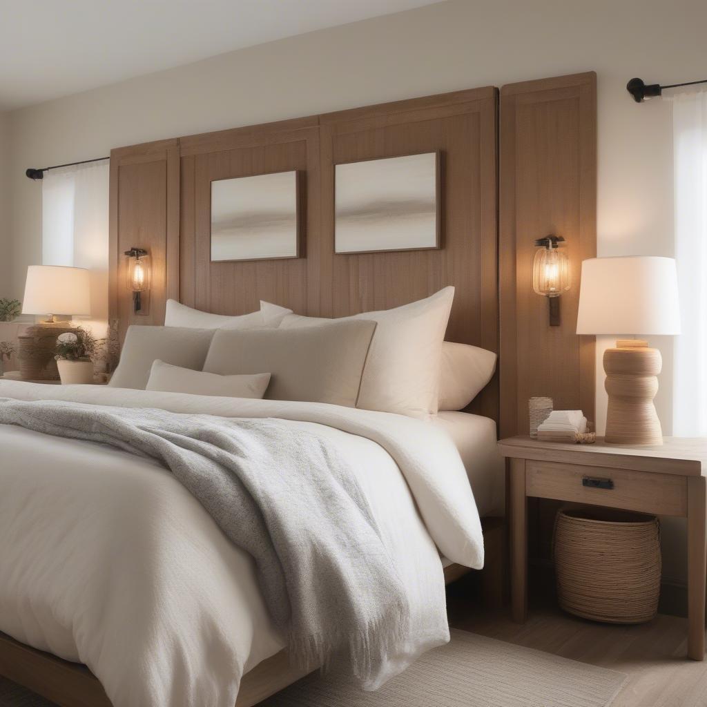 Wood sconces providing soft, ambient lighting in a bedroom, creating a relaxing and inviting atmosphere.