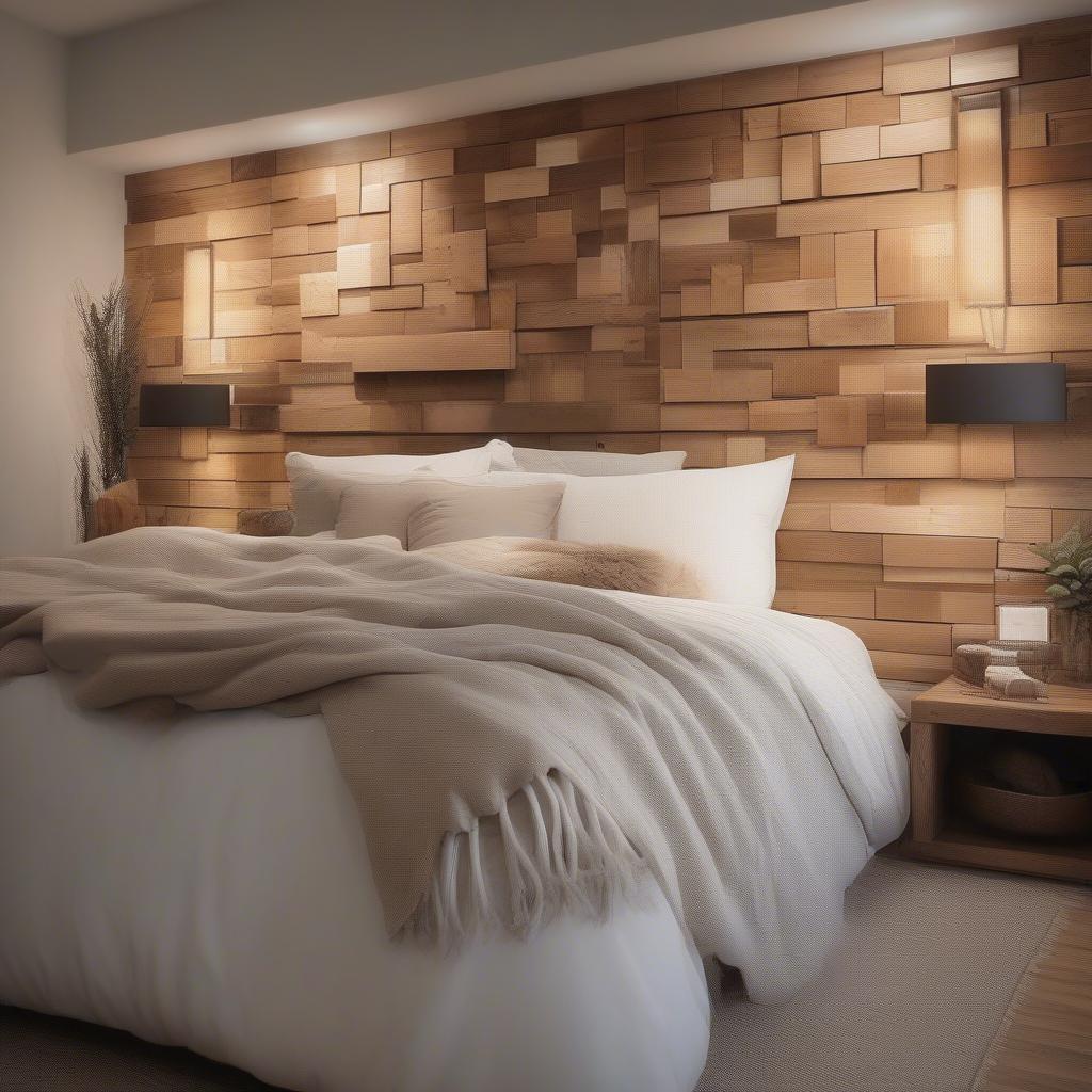 Wood square wall decor above a bed in a bedroom