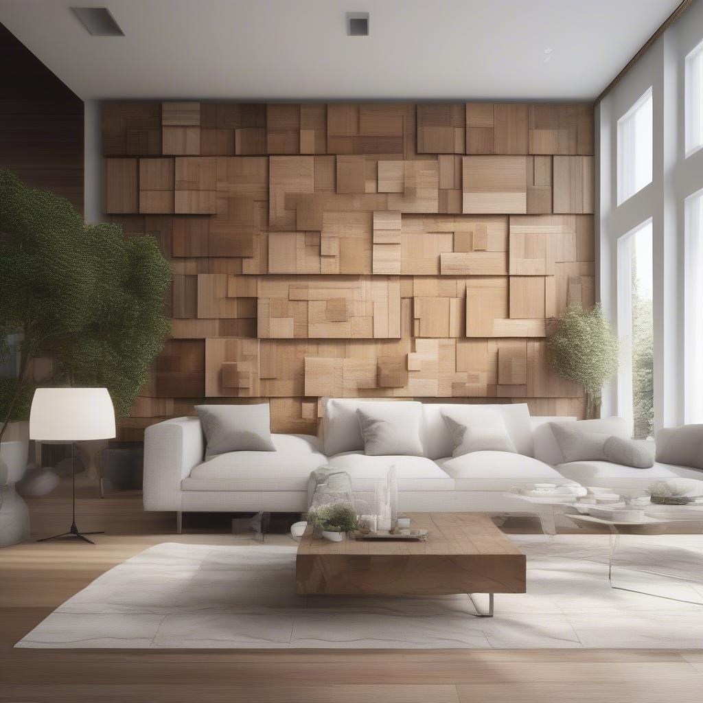 Wood square wall decor in a modern living room