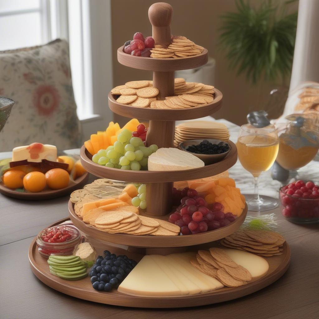 Wooden Three Tiered Tray Serving Food