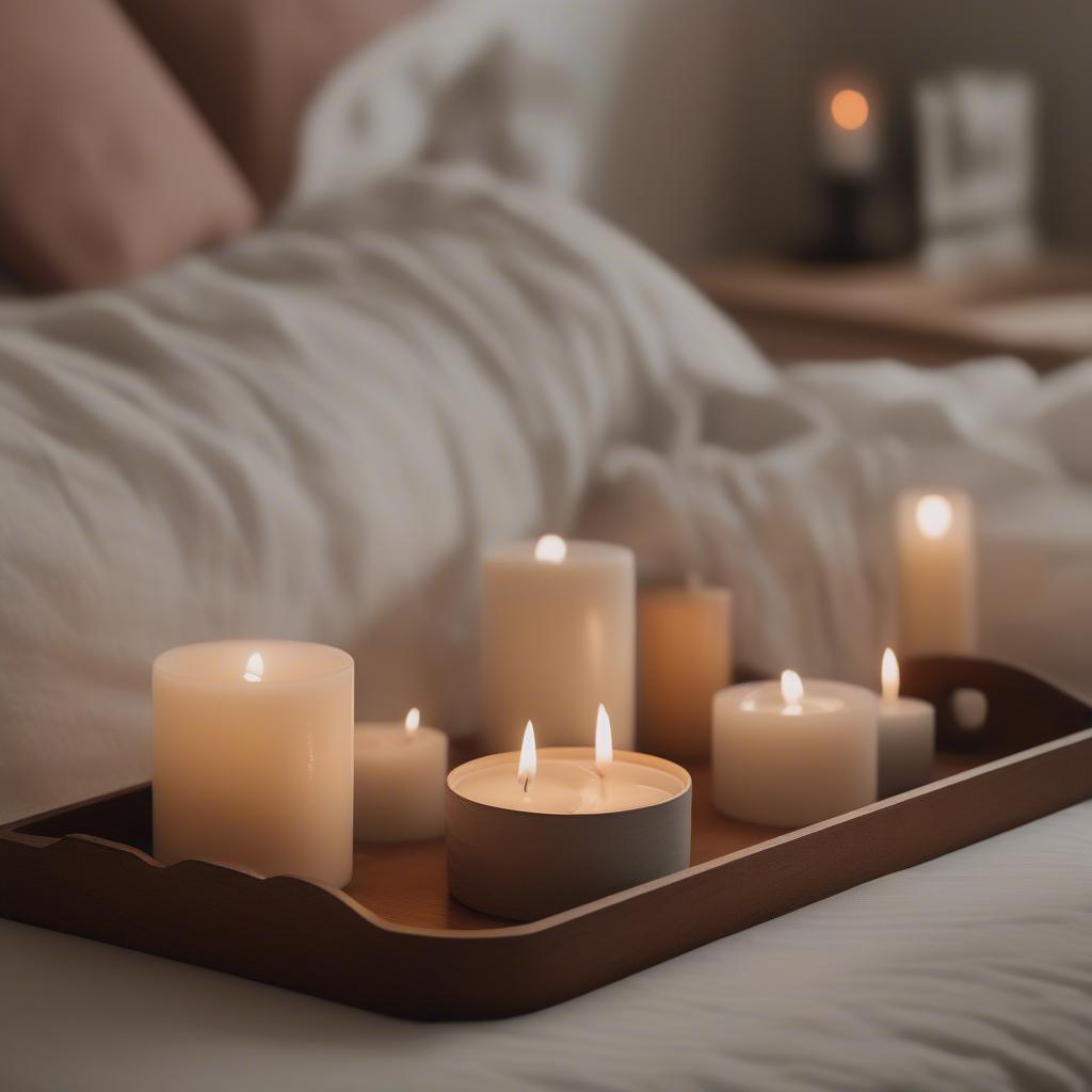 Arrangement of candles on a wood tray in a bedroom setting