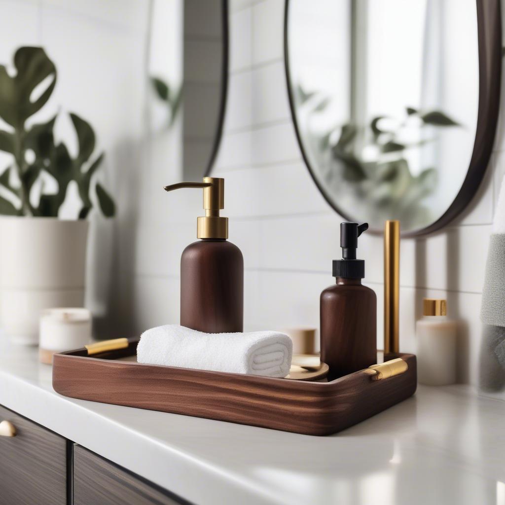 Wood tray with metal handles in a bathroom setting