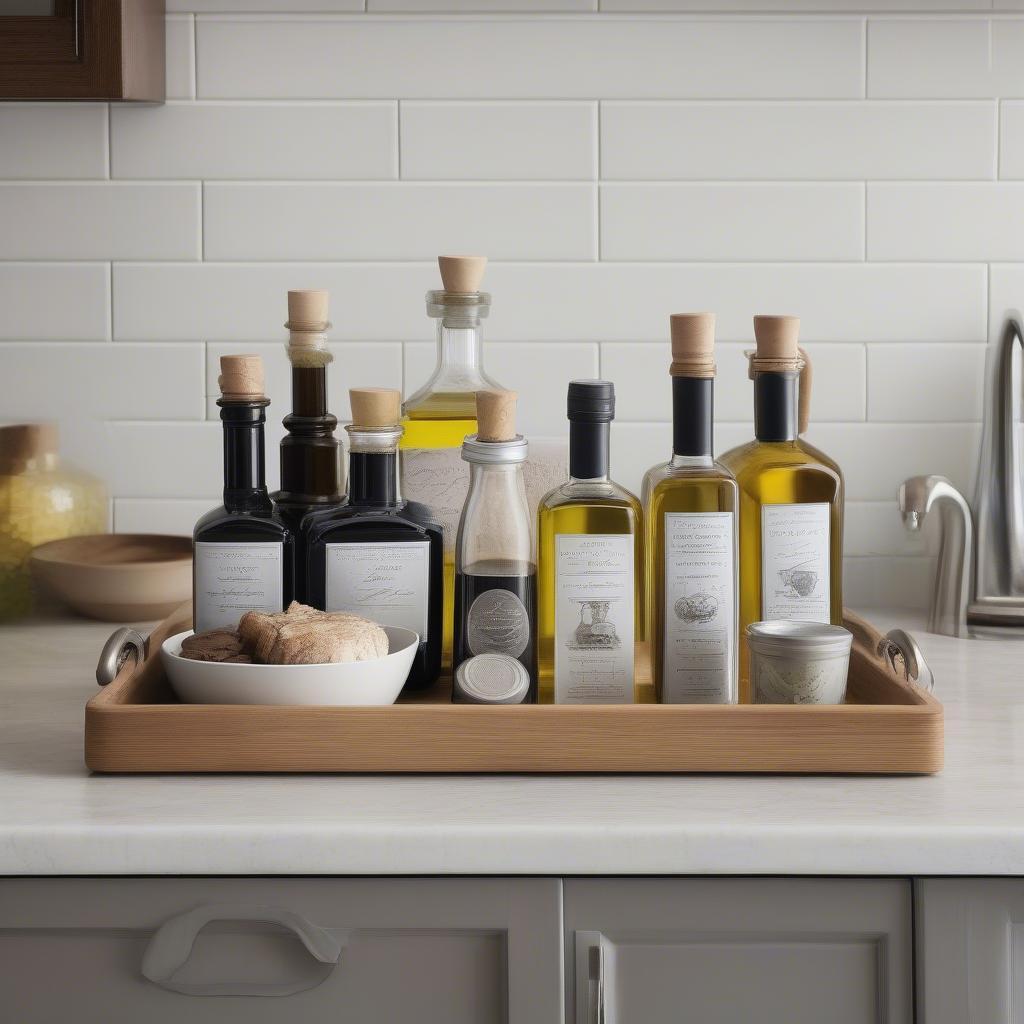 Wood tray with metal handles in a kitchen setting