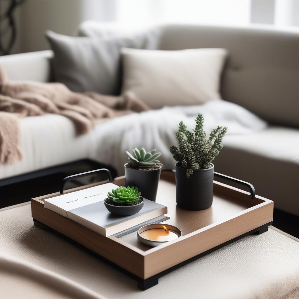 Wood tray with metal handles in a modern living room setting