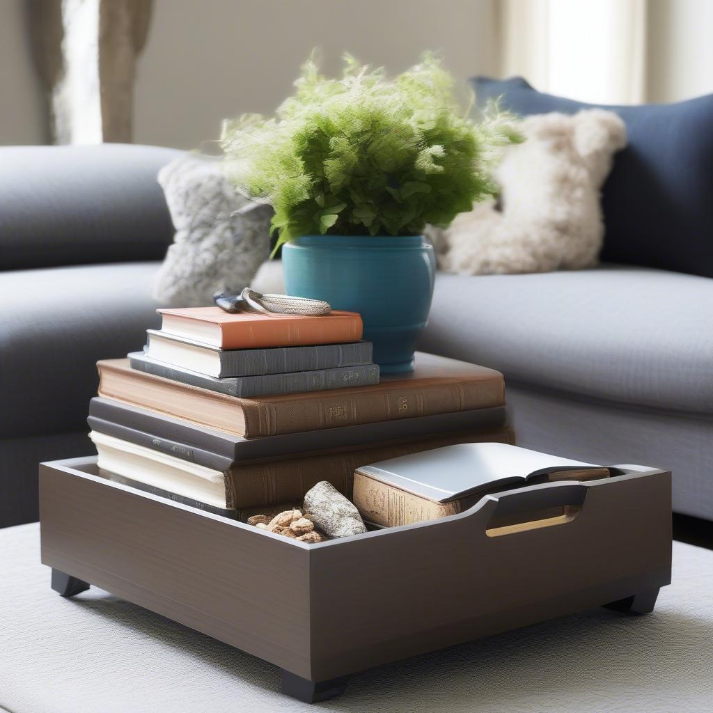 Wood tray with metal handles placed on an ottoman with decor