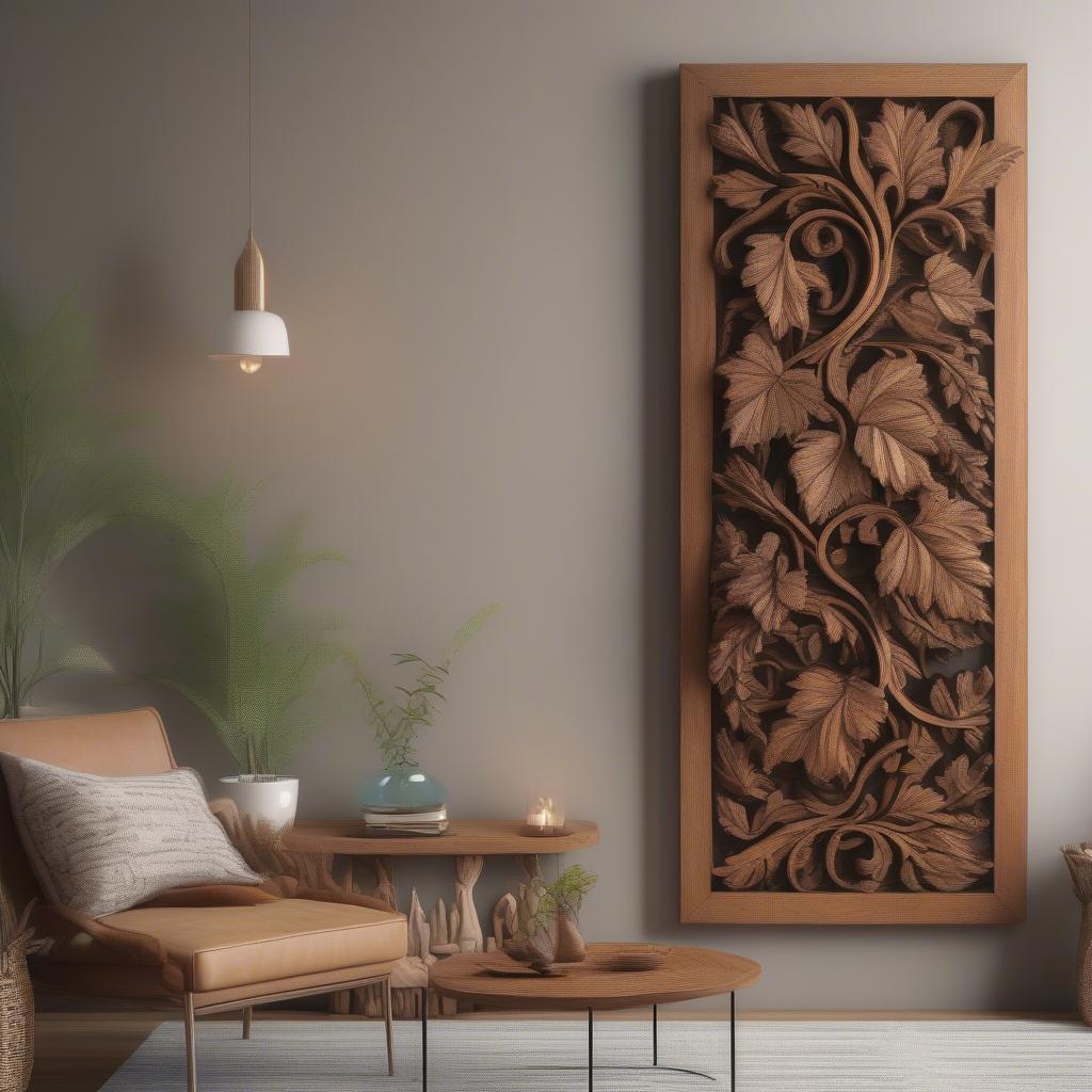 Wooden wall art in a living room setting, featuring intricate carvings and natural wood tones