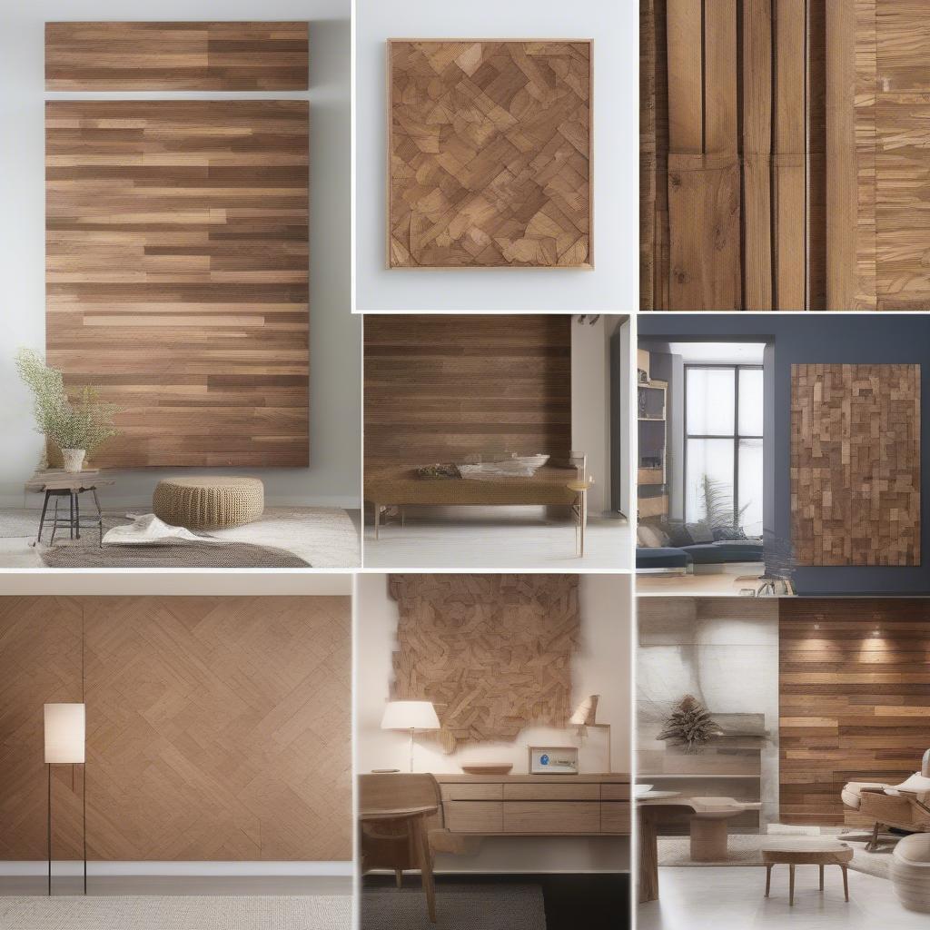 Examples of wood wall decor in various rooms like living room, bedroom and kitchen