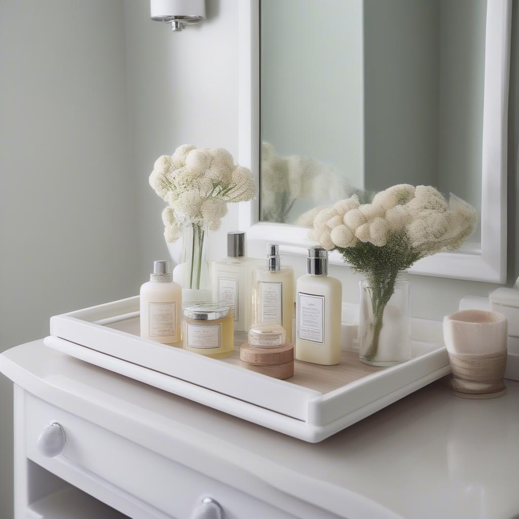 White wooden tray with bathroom essentials