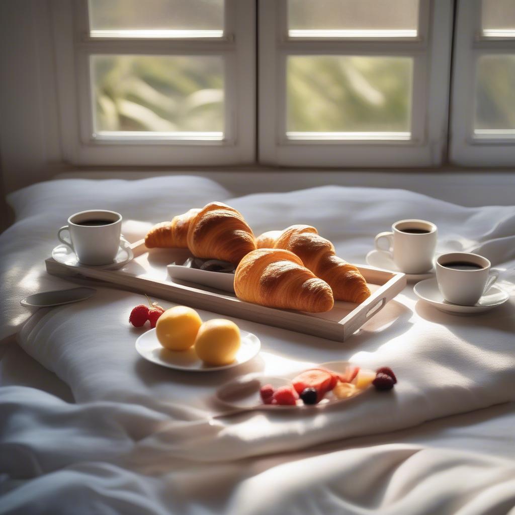 White wooden tray with breakfast in bed