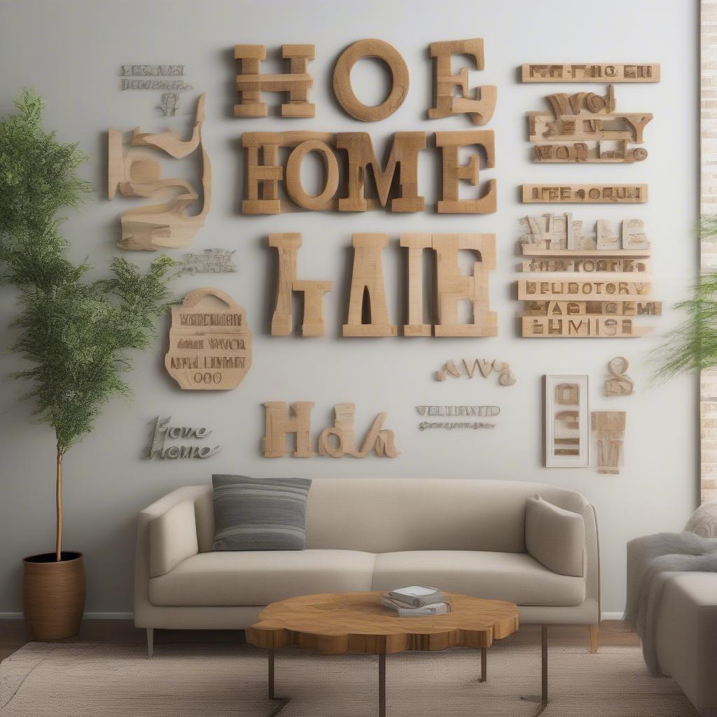 Wood word wall decor showcasing various styles and fonts in a living room setting.