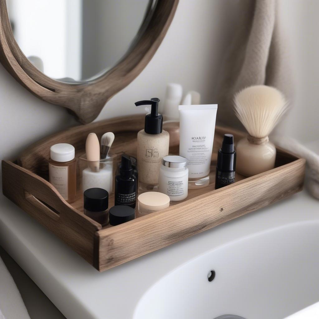 A rustic wooden 2 tier tray neatly organizing toiletries and cosmetics in a bathroom setting.