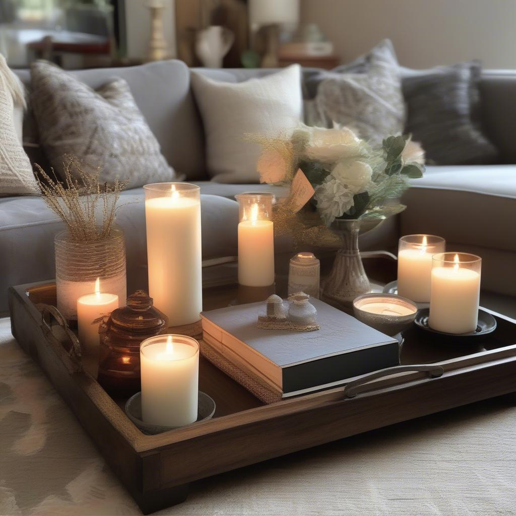 A stylishly decorated wooden 2 tier tray serving as a centerpiece on a coffee table, adorned with candles, books, and decorative objects.