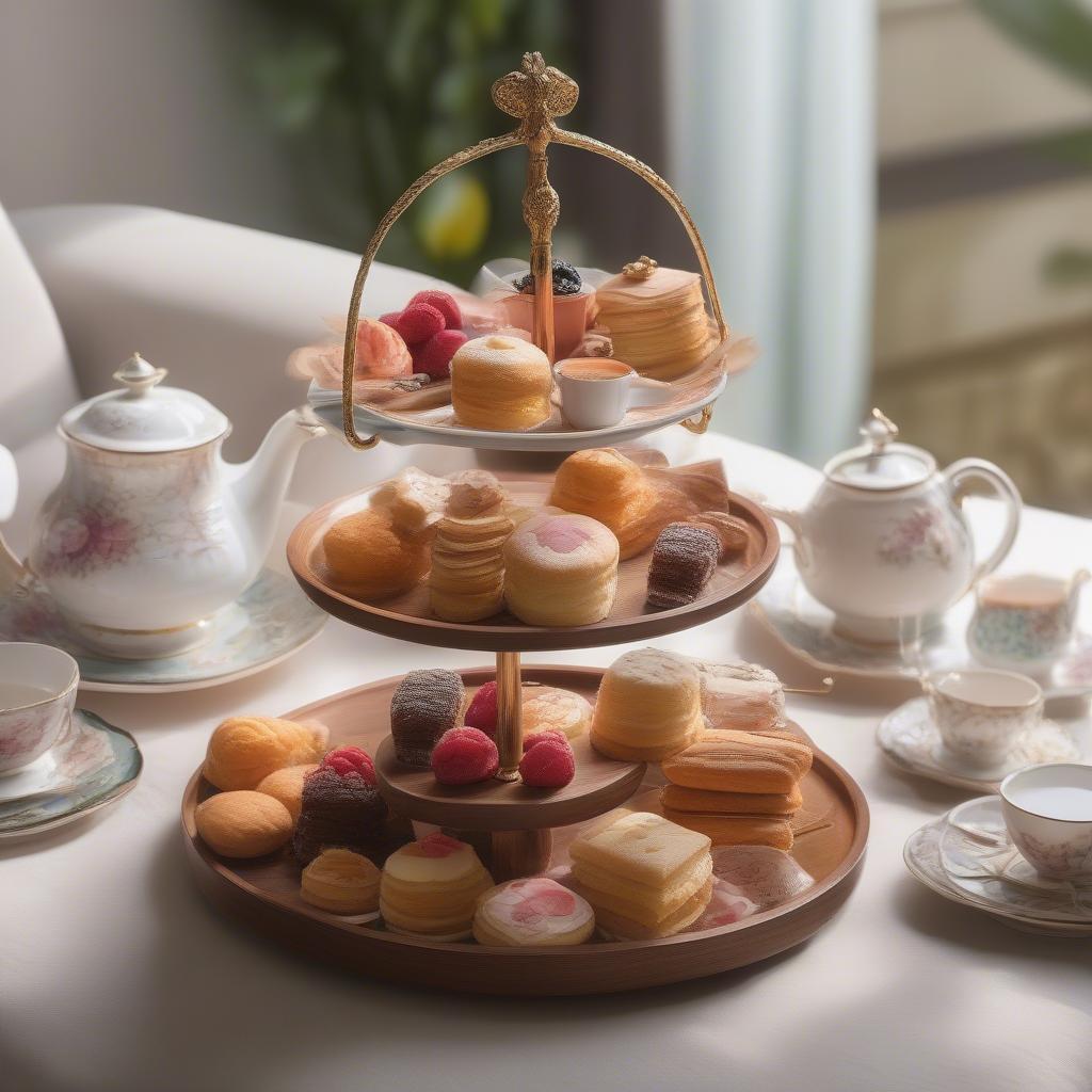 A beautifully crafted wooden 2 tier tray displaying an assortment of pastries and teacups, perfect for afternoon tea.