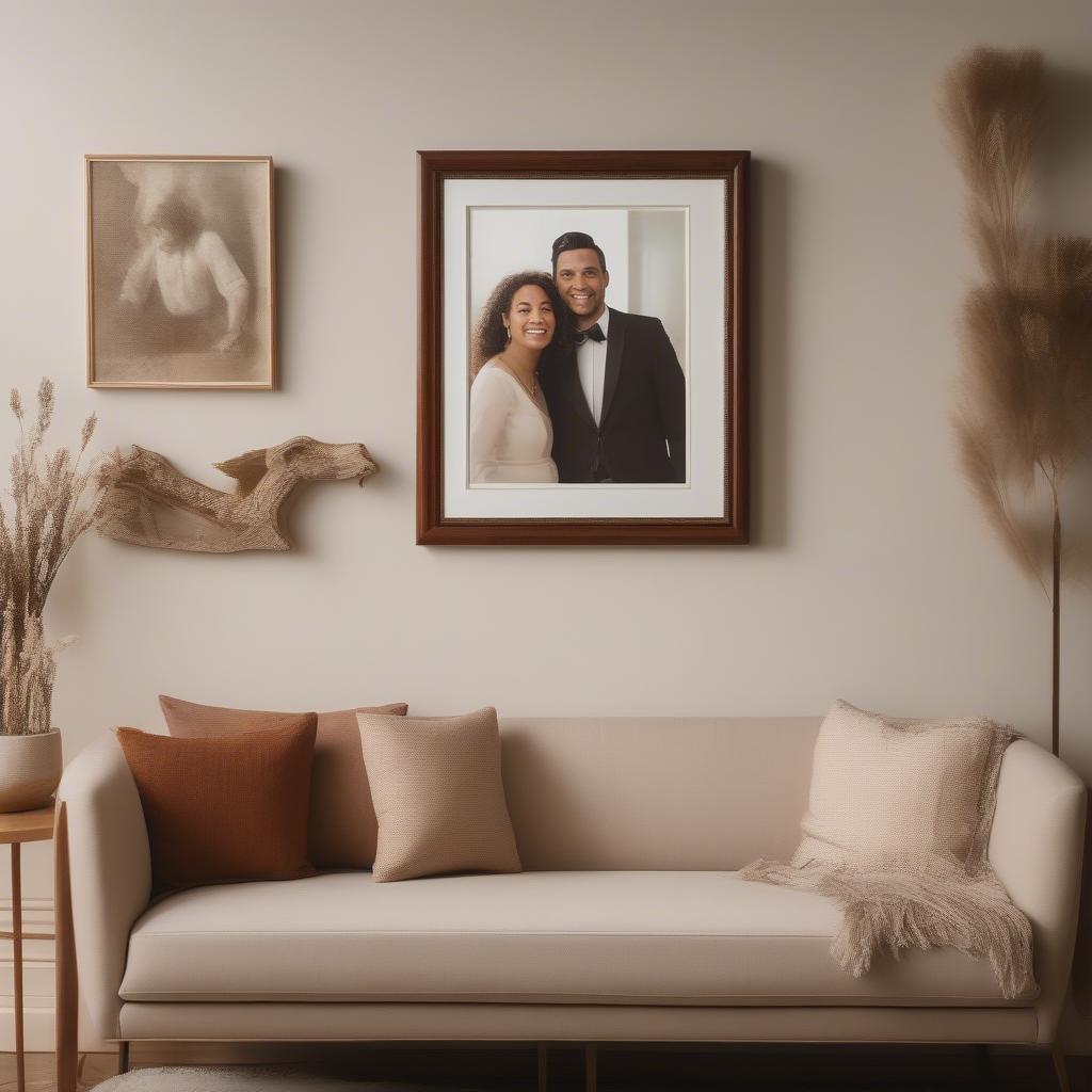 20x30 Wooden Frame on Wall: Displaying a family portrait in a classic wooden frame on a living room wall.