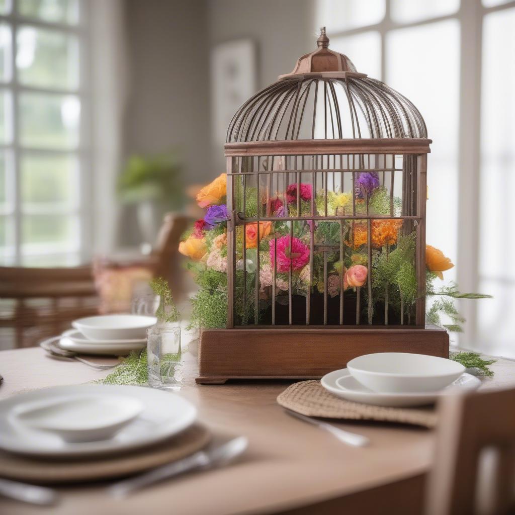 Wooden Bird Cage with Flowers