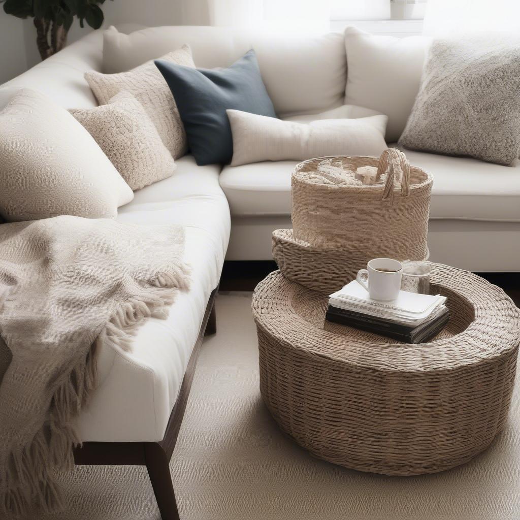 A wooden coffee table with a wicker basket adds a natural touch to a living room.