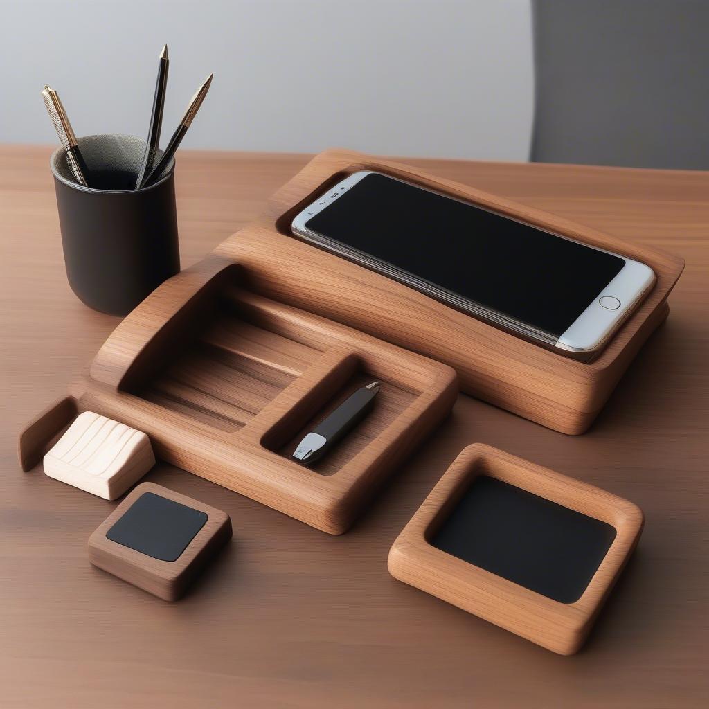 Wooden desk accessories set with phone stand and small tray