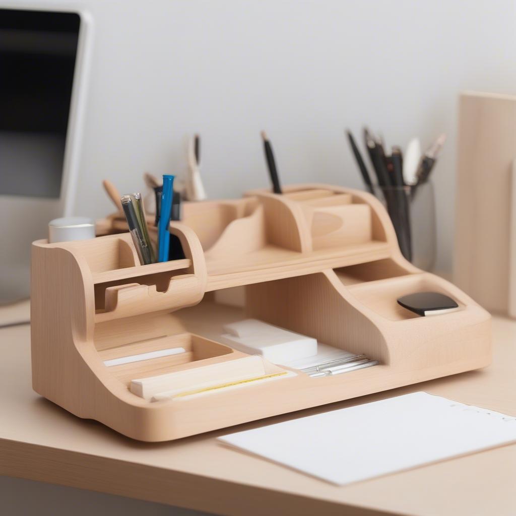 Wooden desk organizer with pen holder and letter tray