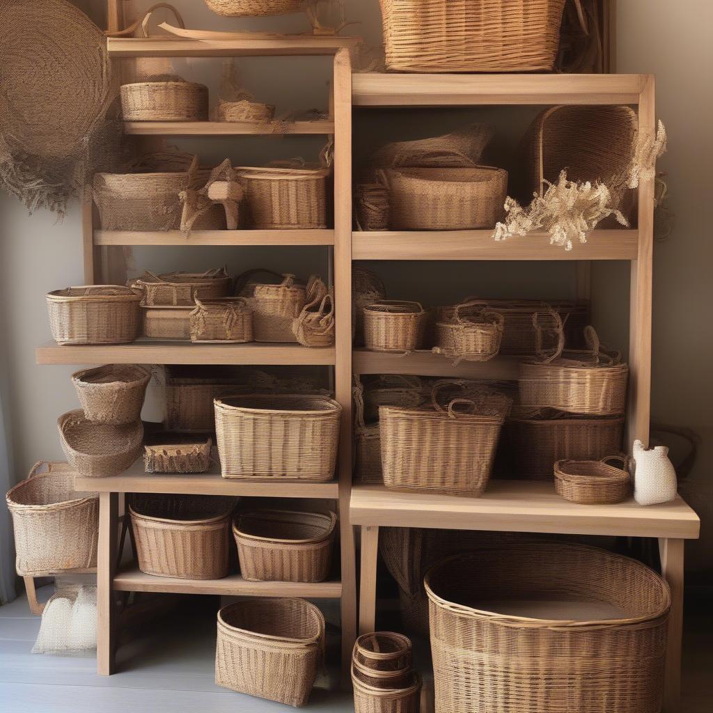 Wooden display stand showcasing wicker baskets in a retail store