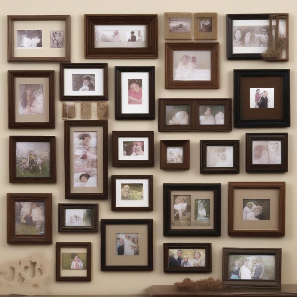 Variety of wooden family picture frames displaying different sizes, styles and finishes