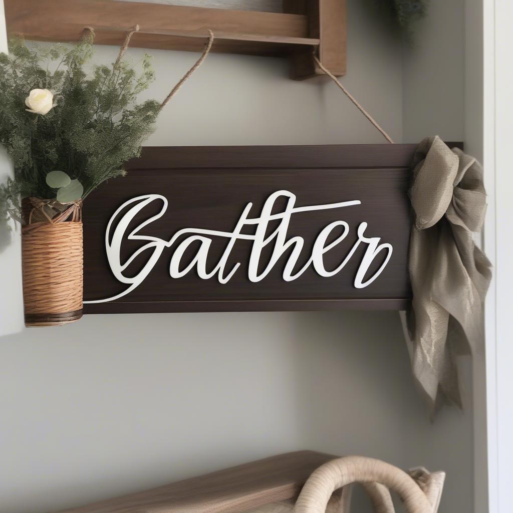 Wooden gather sign hanging in a bright entryway