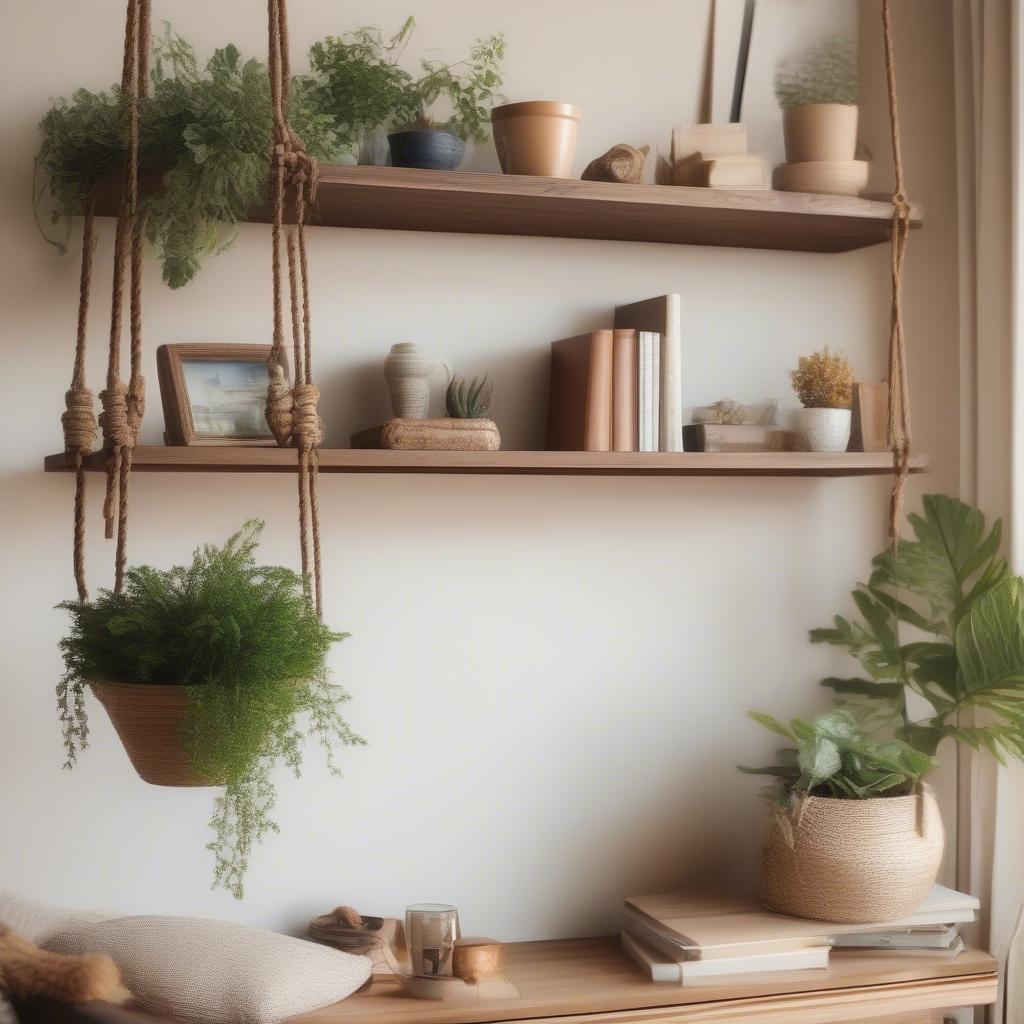 Wooden Hanging Shelves in a Living Room