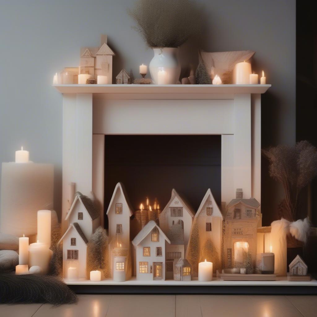 Small wooden houses arranged as a vignette on a mantelpiece