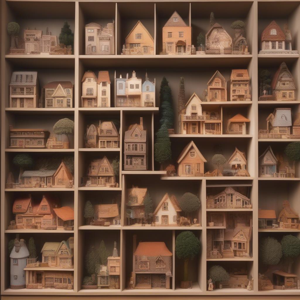 A charming village scene created with small wooden houses