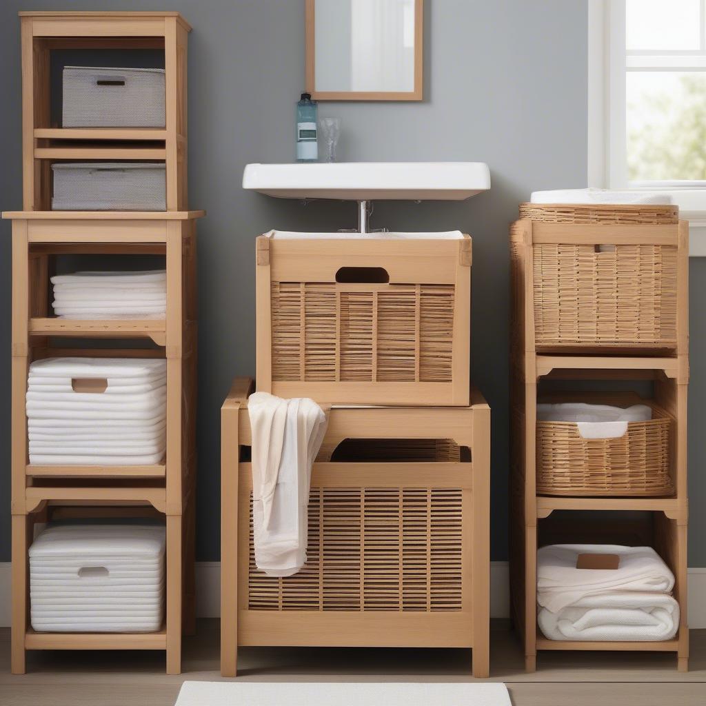 Different styles of wooden laundry hampers