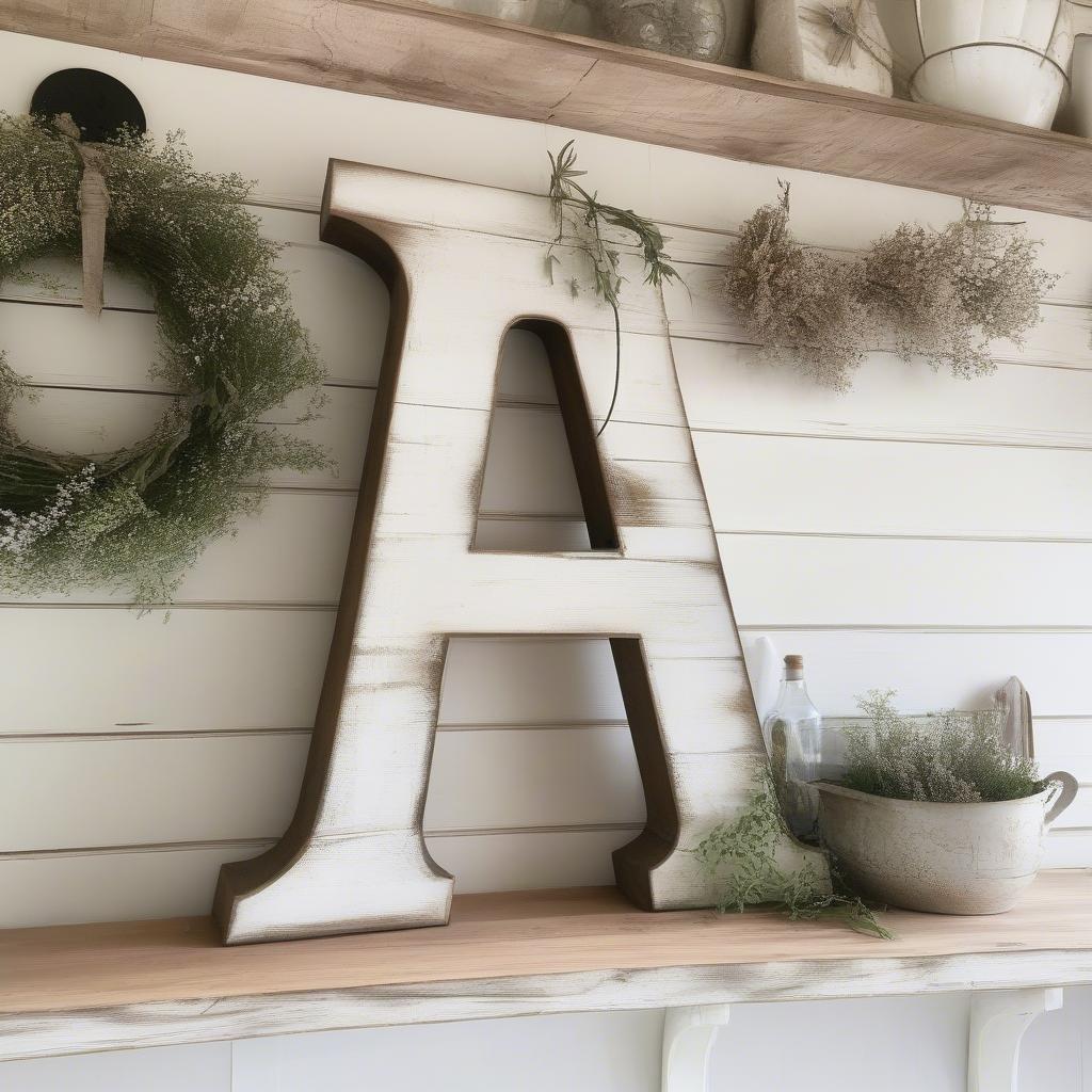 Wooden Letter A Wall Decor in Rustic Farmhouse Setting