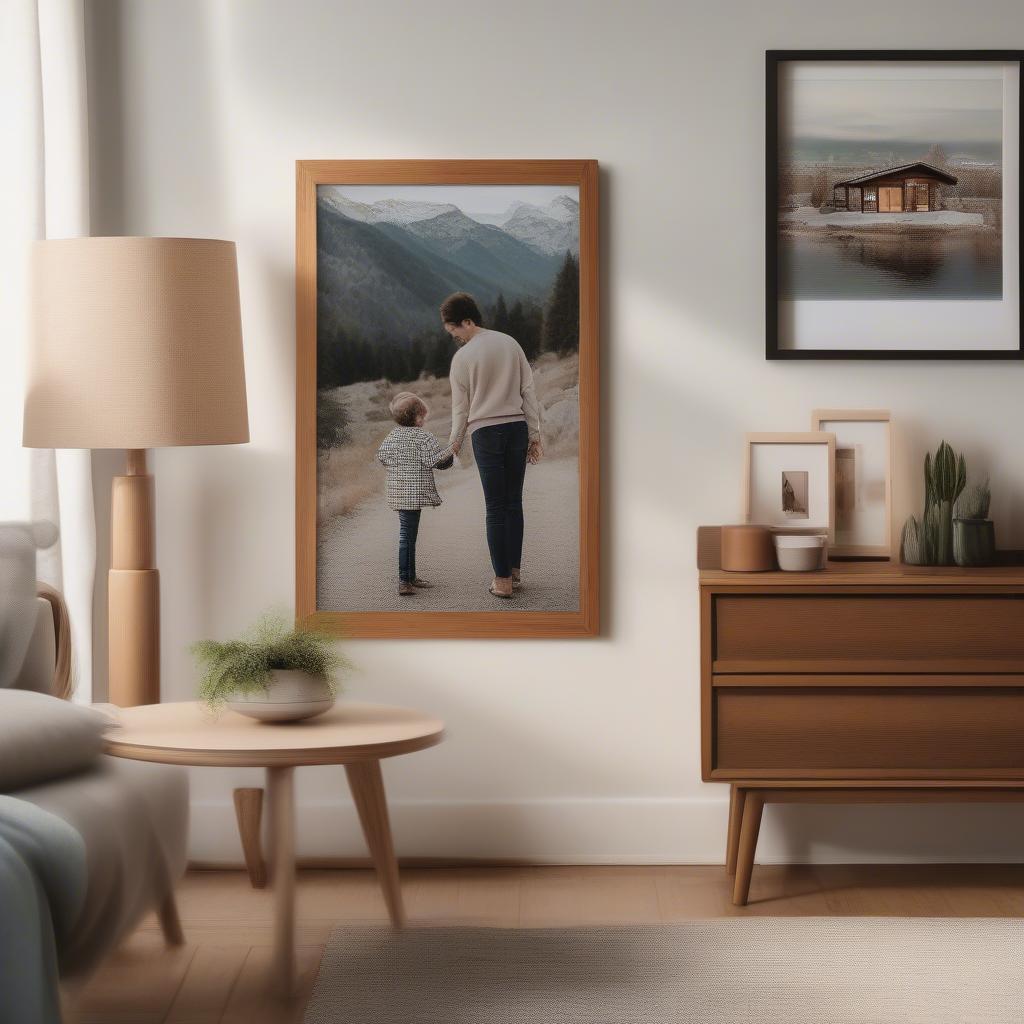 Wooden magnetic frame displayed in a living room