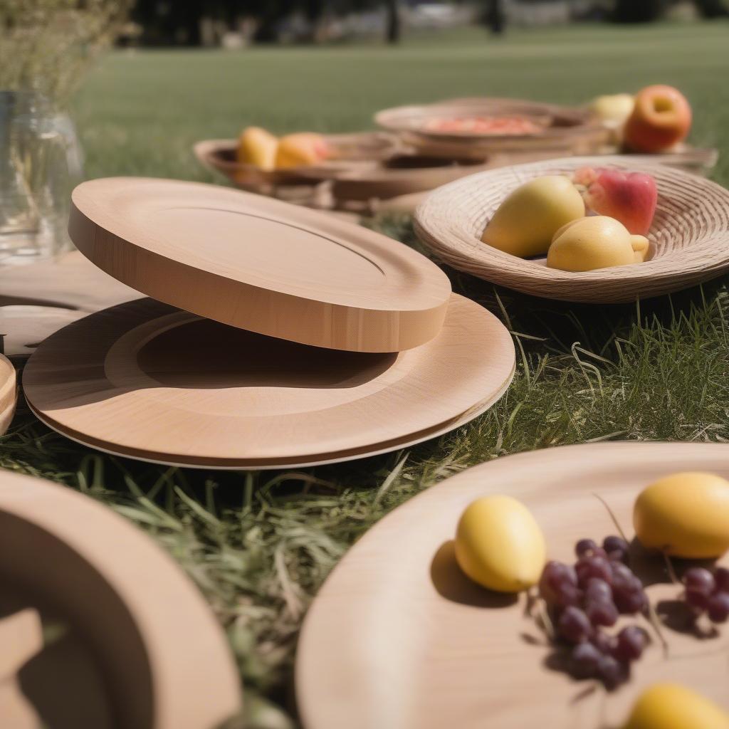 Wooden paper plate holders at an outdoor picnic